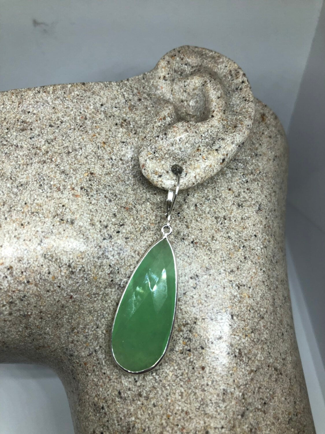 Vintage Genuine Green Chalcedony Gemstone Sterling Silver Lever Back Chandelier Earrings