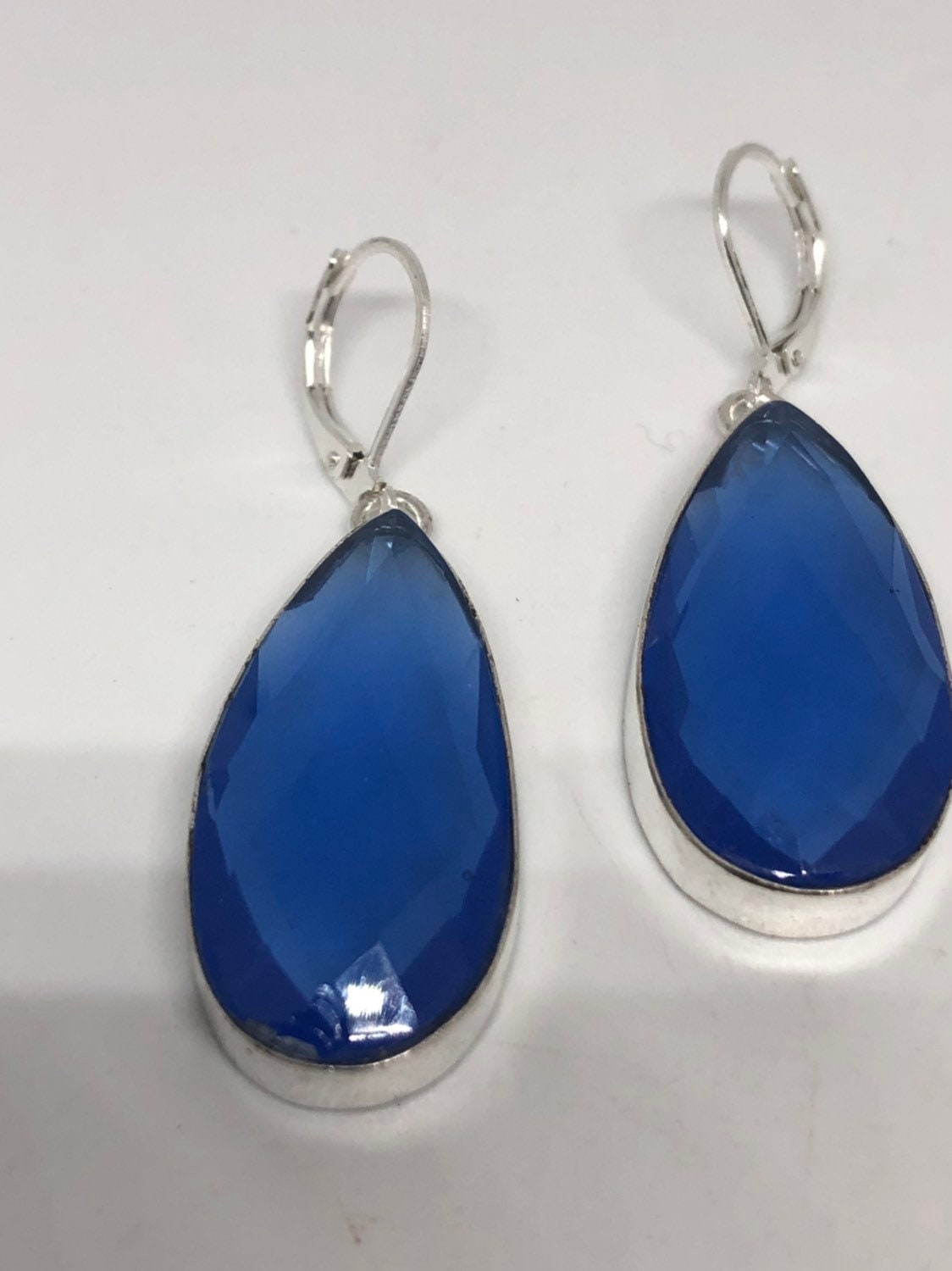 Antique Vintage Cobalt Blue Volcanic Glass Silver Dangle Earrings