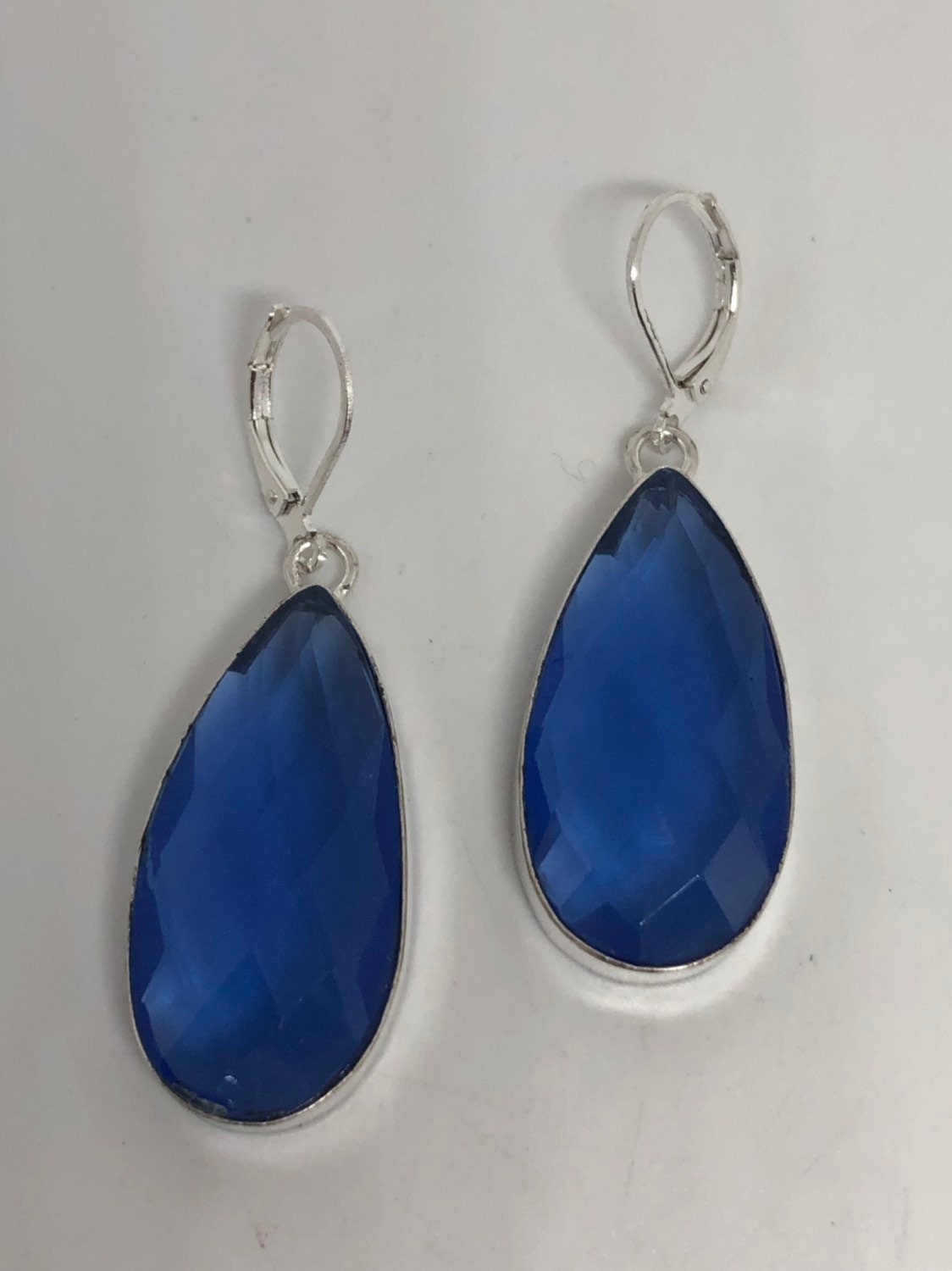 Antique Vintage Cobalt Blue Volcanic Glass Silver Dangle Earrings