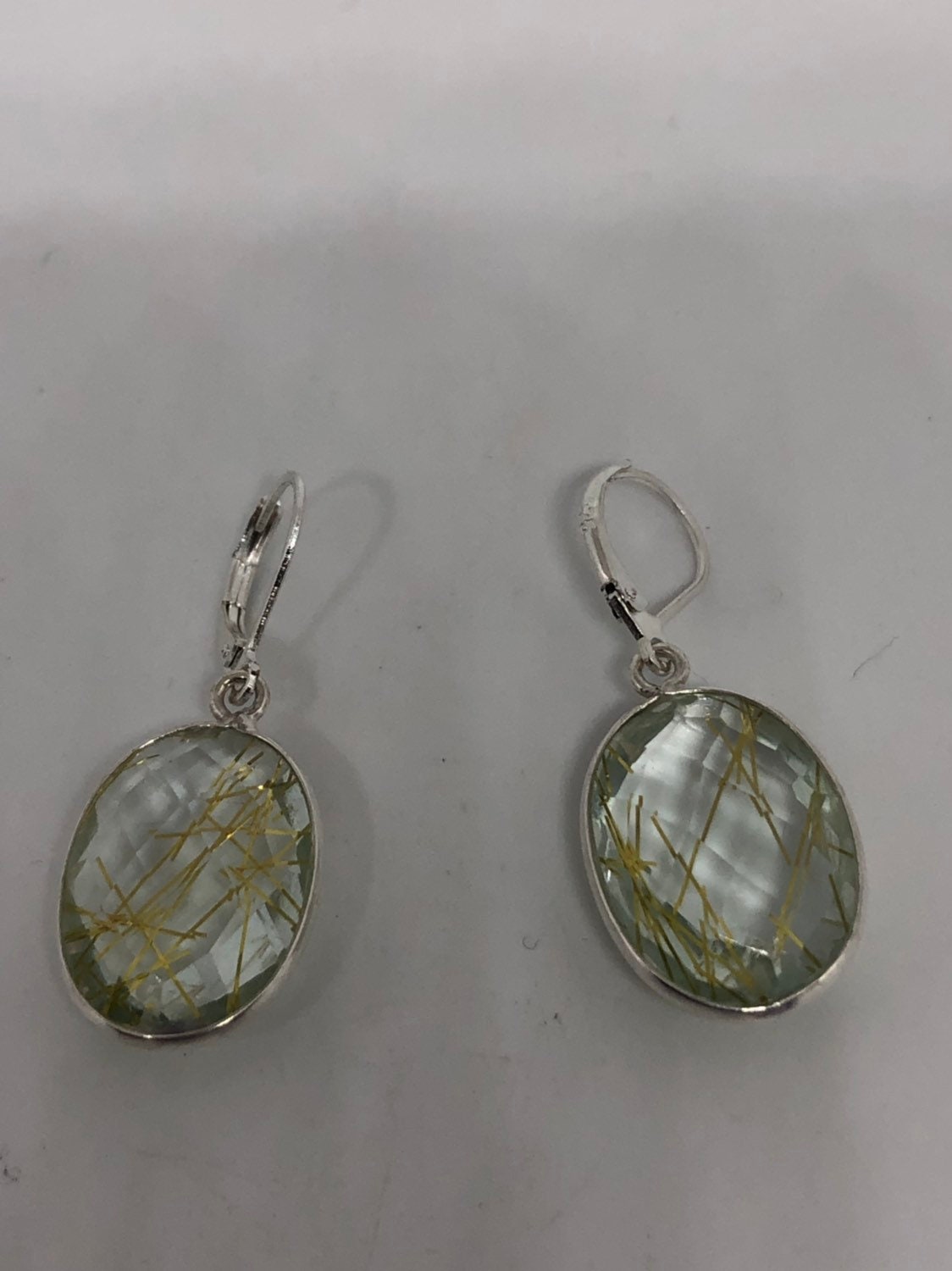 Antique Vintage Faux Gold Rutile Glass Silver Dangle Earrings