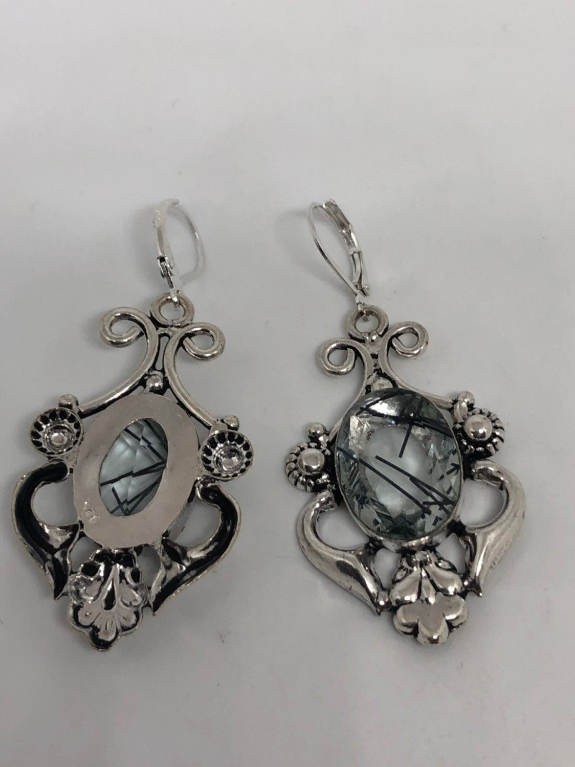 Antique Vintage Faux Black Rutile Glass Silver Dangle Earrings