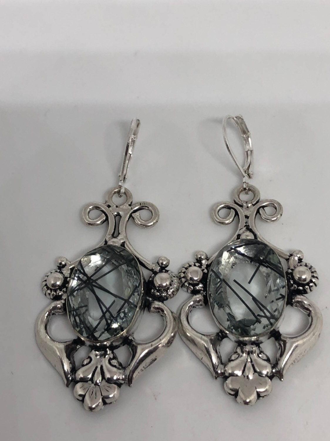 Antique Vintage Faux Black Rutile Glass Silver Dangle Earrings