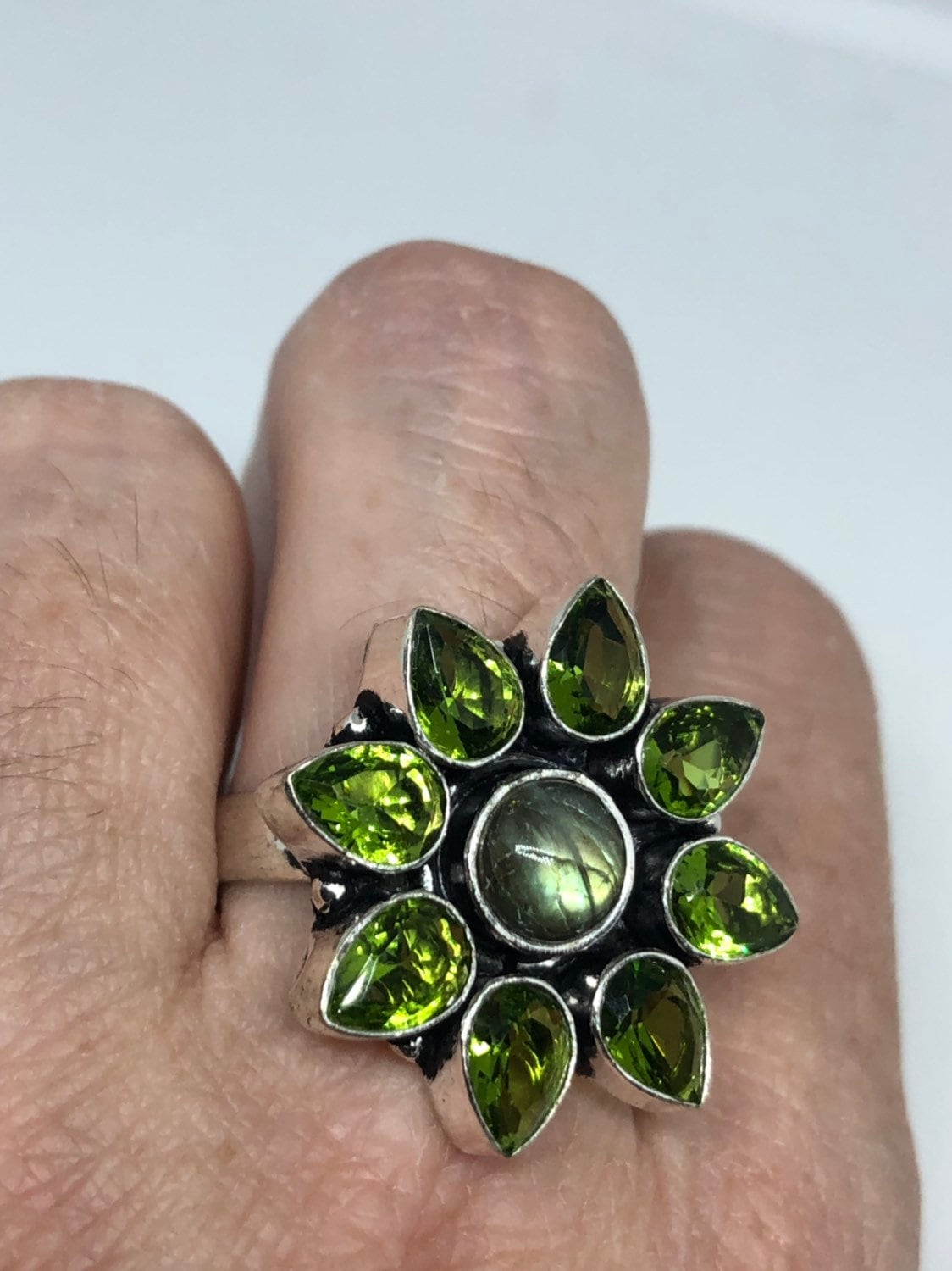 Vintage Large Green Peridot Labradorite Silver Flower Ring