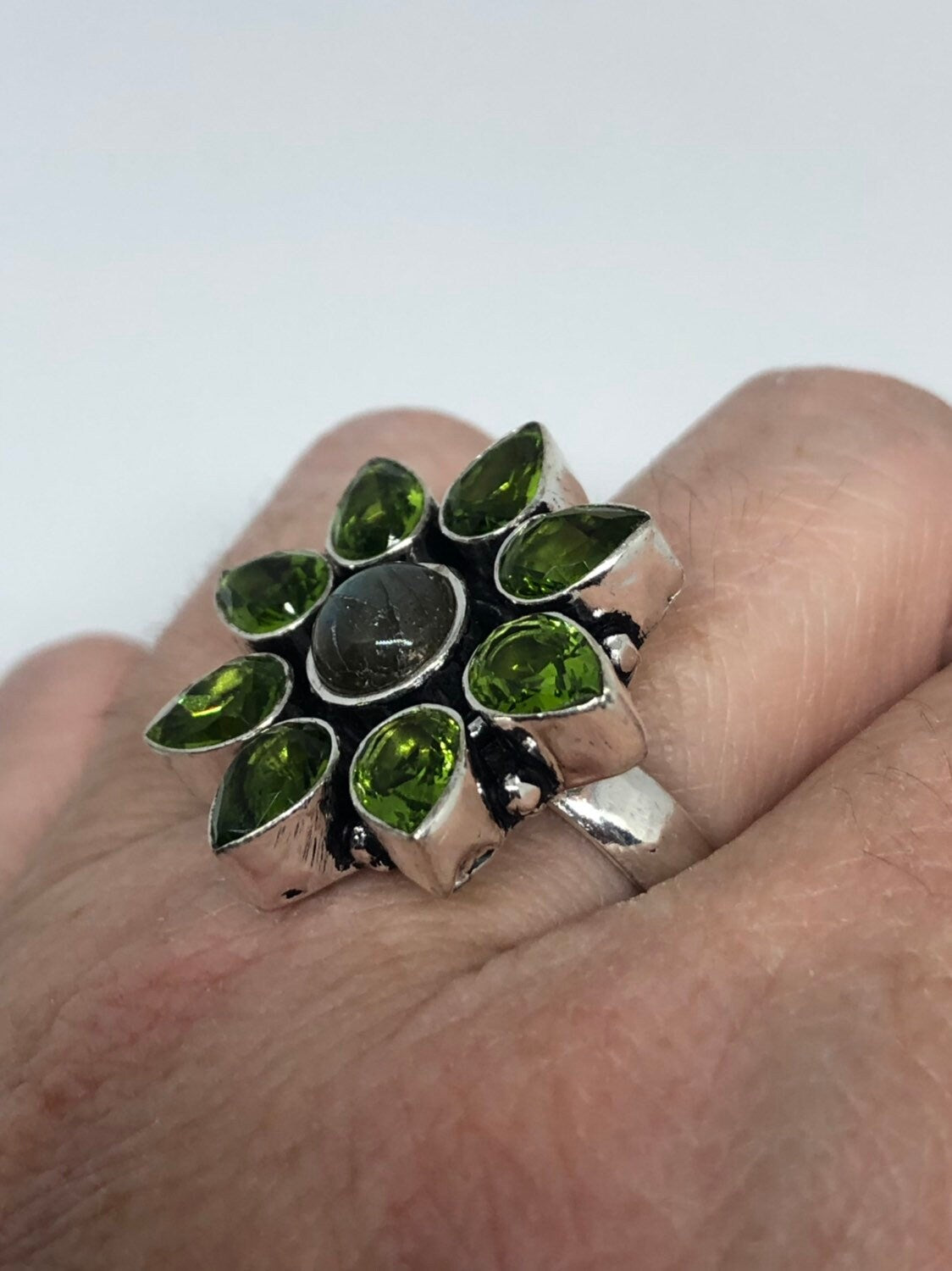 Vintage Large Green Peridot Labradorite Silver Flower Ring