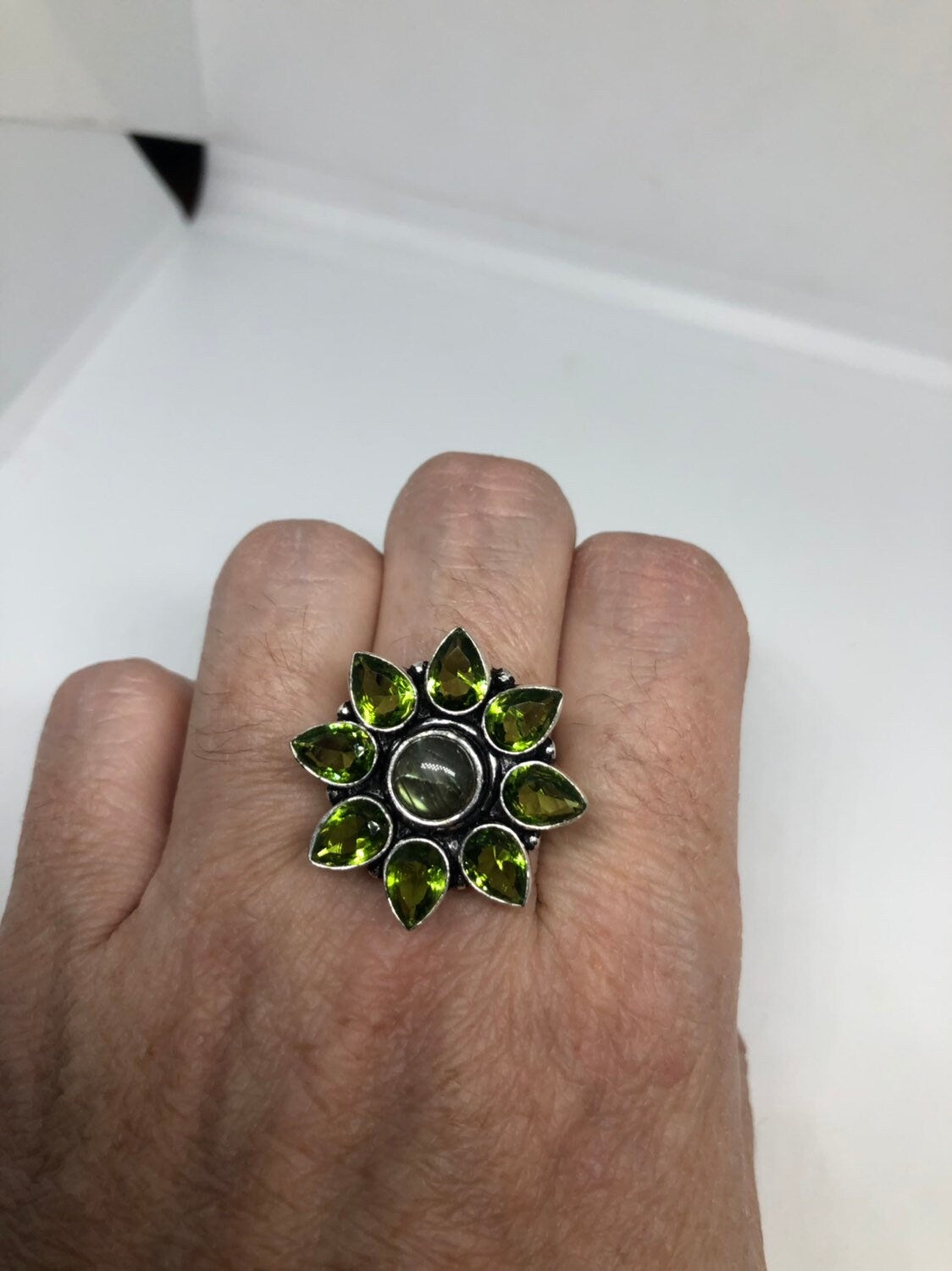 Vintage Large Green Peridot Labradorite Silver Flower Ring