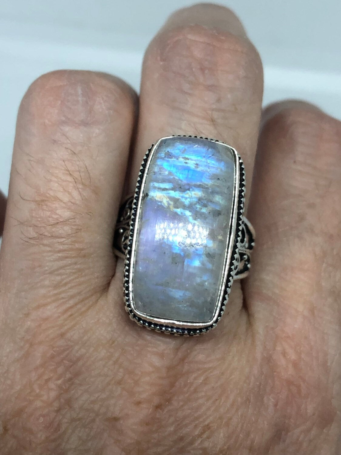 Vintage Large Blue White Rainbow Moonstone Stone Silver Ring