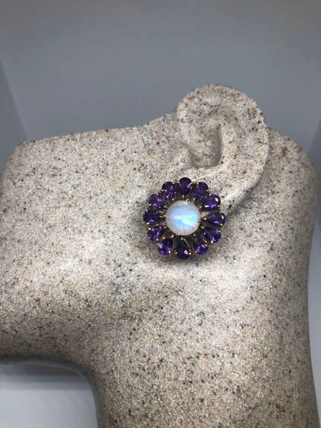 Vintage Amethyst Moonstone Earrings 925 Sterling Silver Purple Stud Button