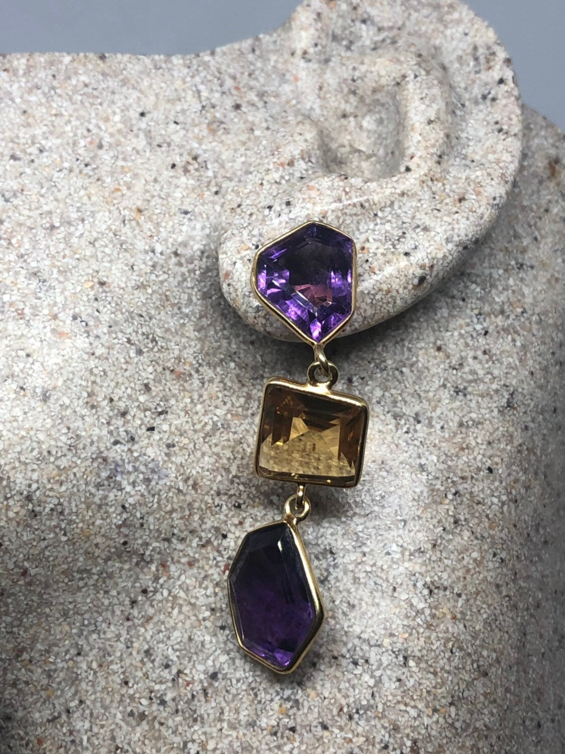 Vintage Handmade Golden 925 Sterling Silver Amethyst Citrine Earrings