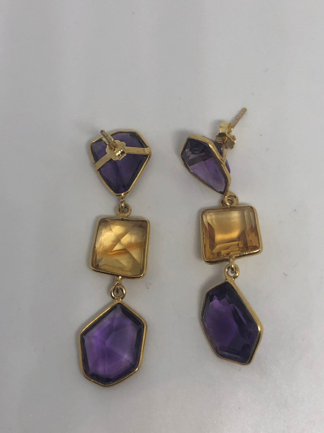 Vintage Handmade Golden 925 Sterling Silver Amethyst Citrine Earrings