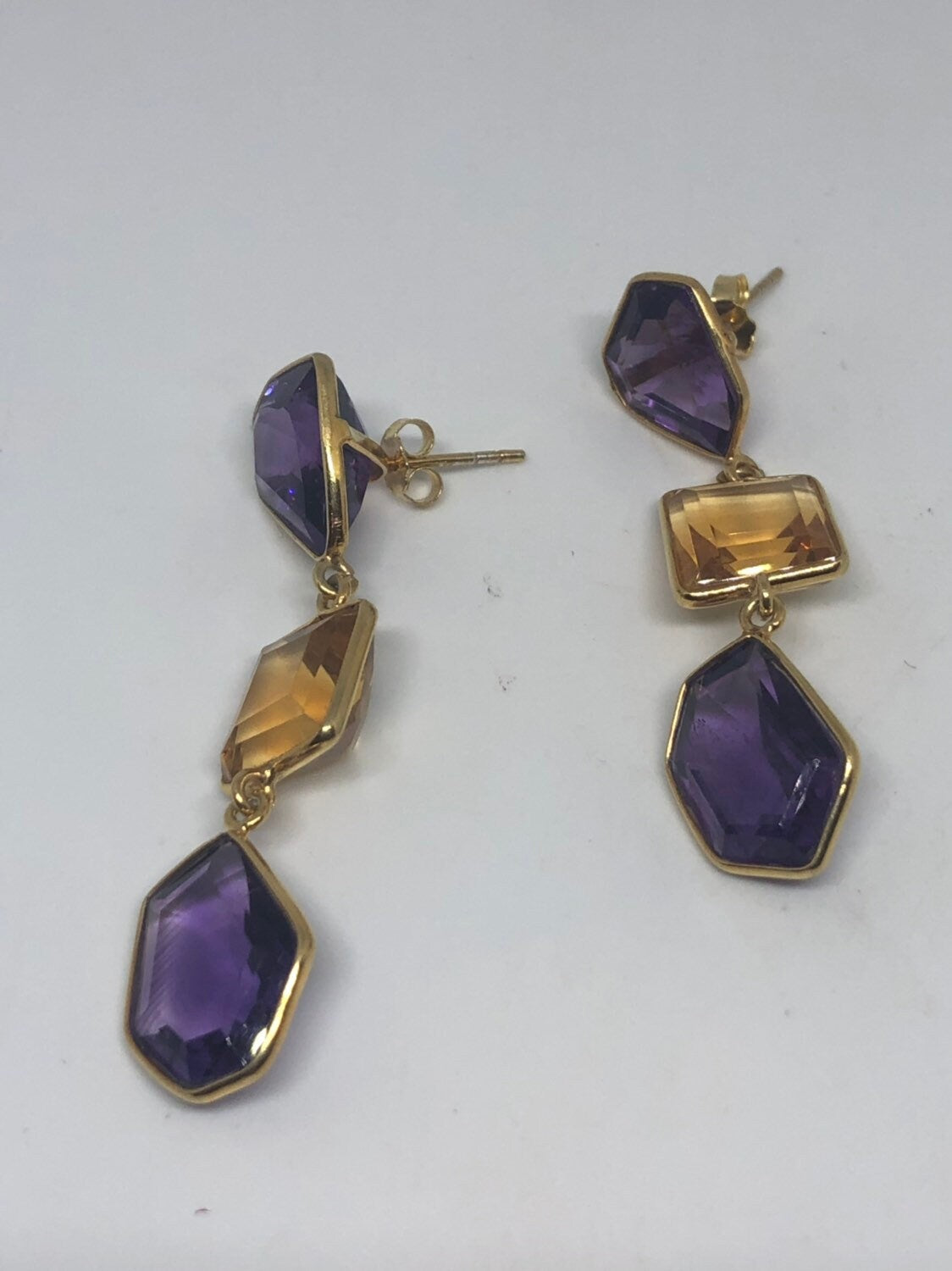 Vintage Handmade Golden 925 Sterling Silver Amethyst Citrine Earrings