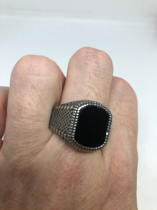 Vintage Gothic Black Onyx Stainless Steel Mens Ring