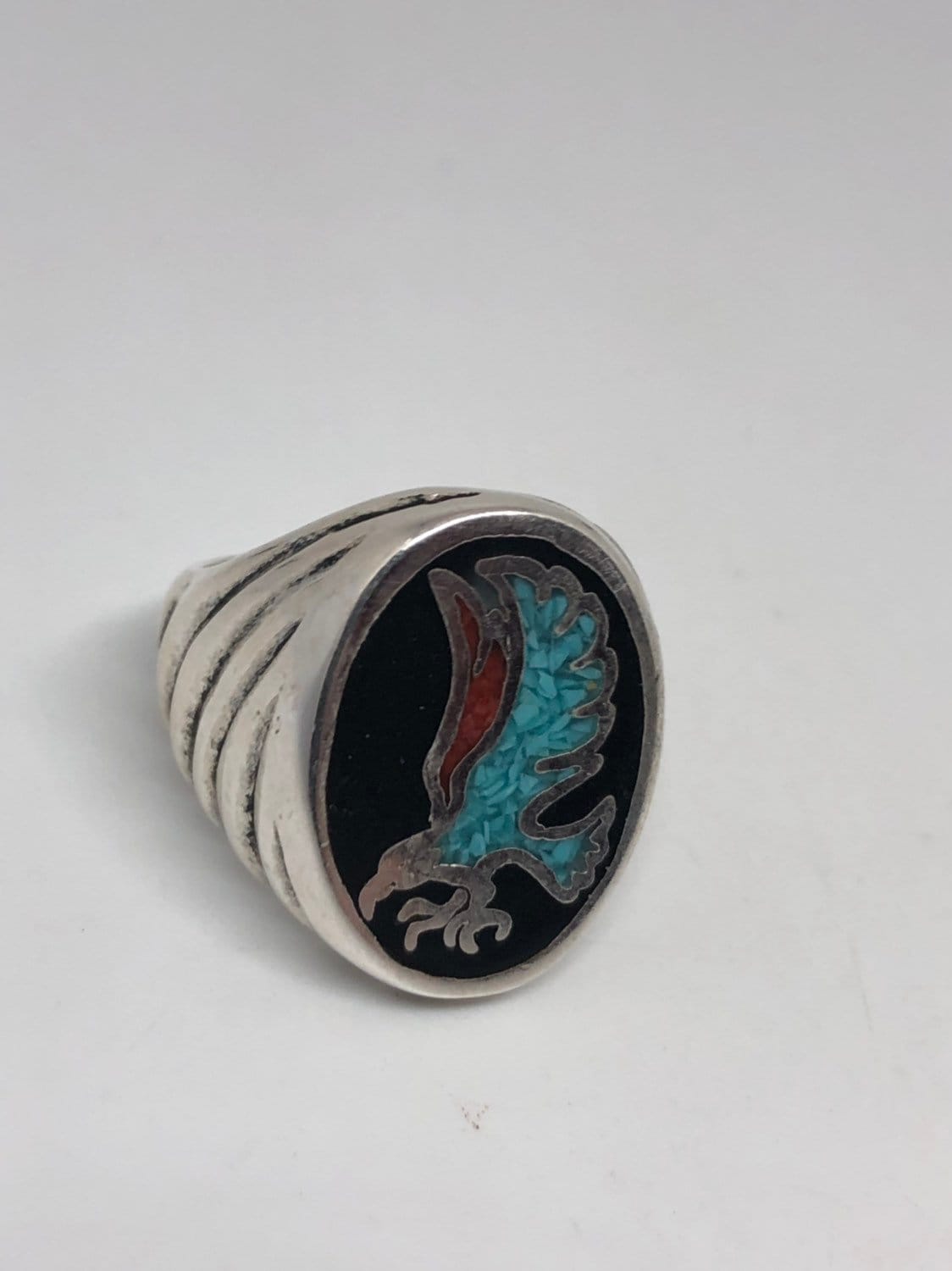 Vintage Native American Southwestern Turquoise Inlay Men Hawk Ring