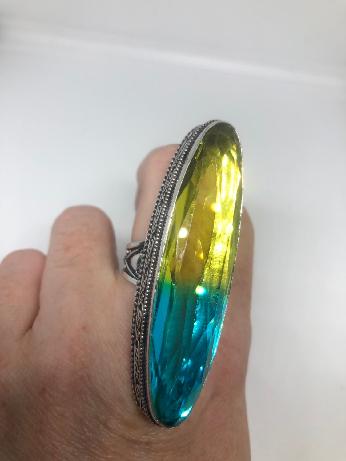 Vintage Aqua Teal Vintage Art Glass Ring 2 Long Knuckle Ring