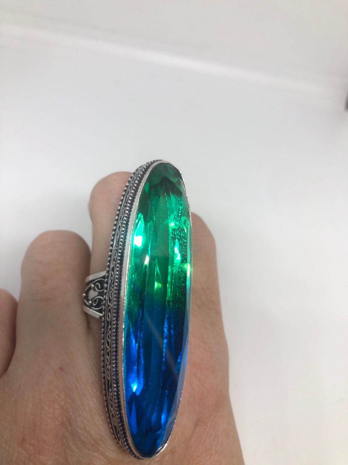 Vintage Green Blue Vintage Art Glass Boho Knuckle Ring