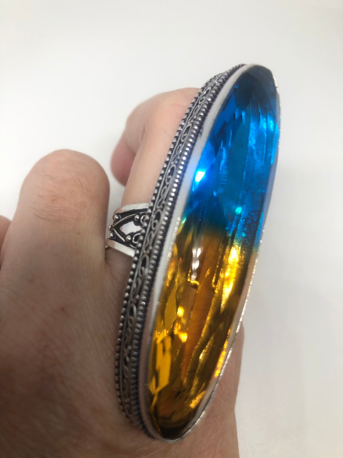 Vintage Blue Yellow Vintage Art Glass Long Knuckle Ring