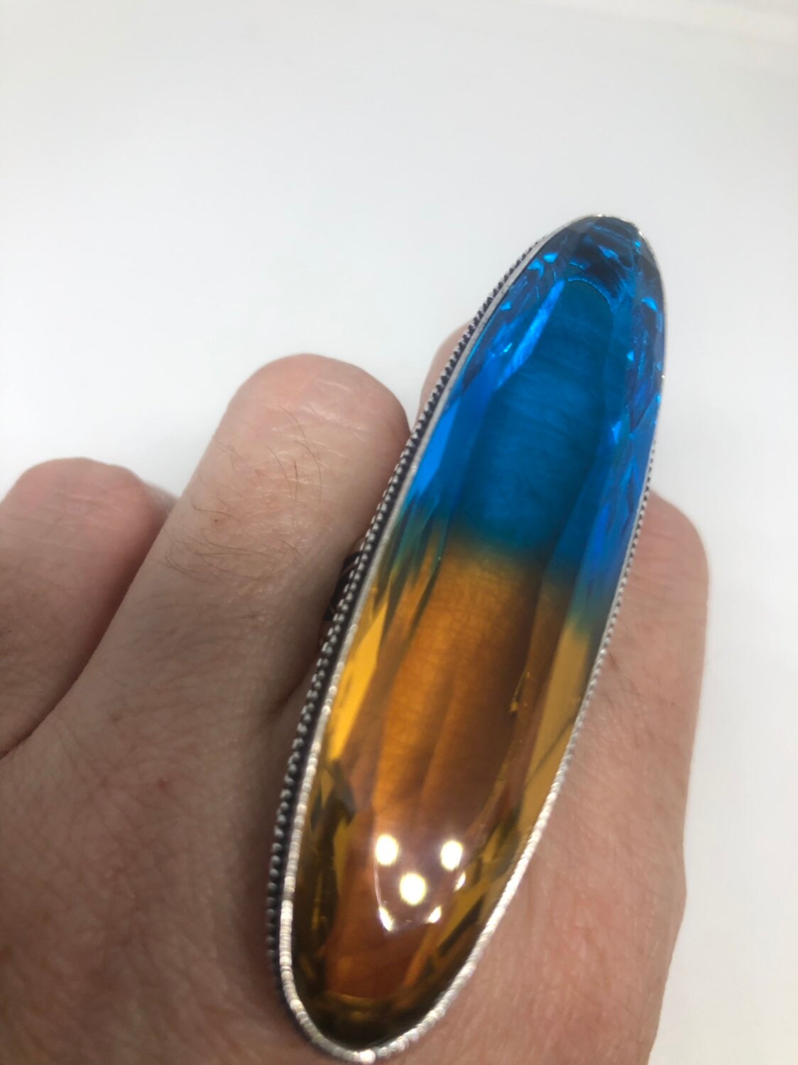 Vintage Blue Yellow Vintage Art Glass Long Knuckle Ring