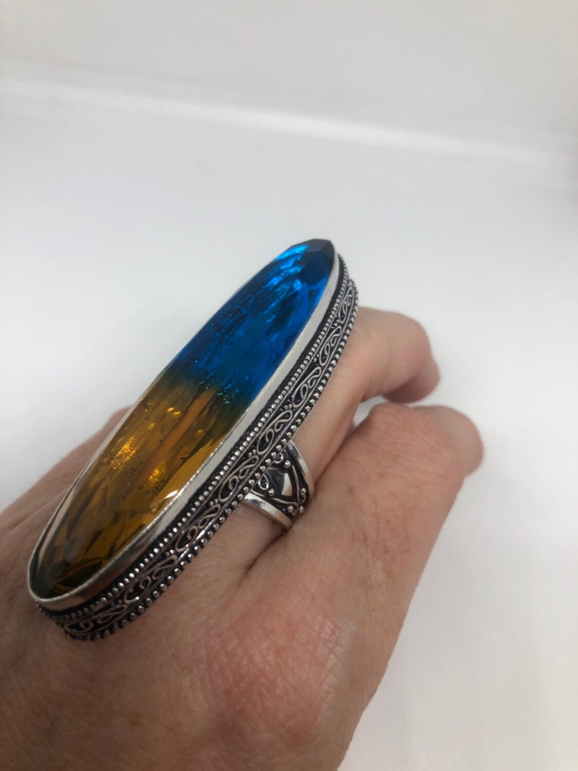 Vintage Blue Yellow Vintage Art Glass Long Knuckle Ring