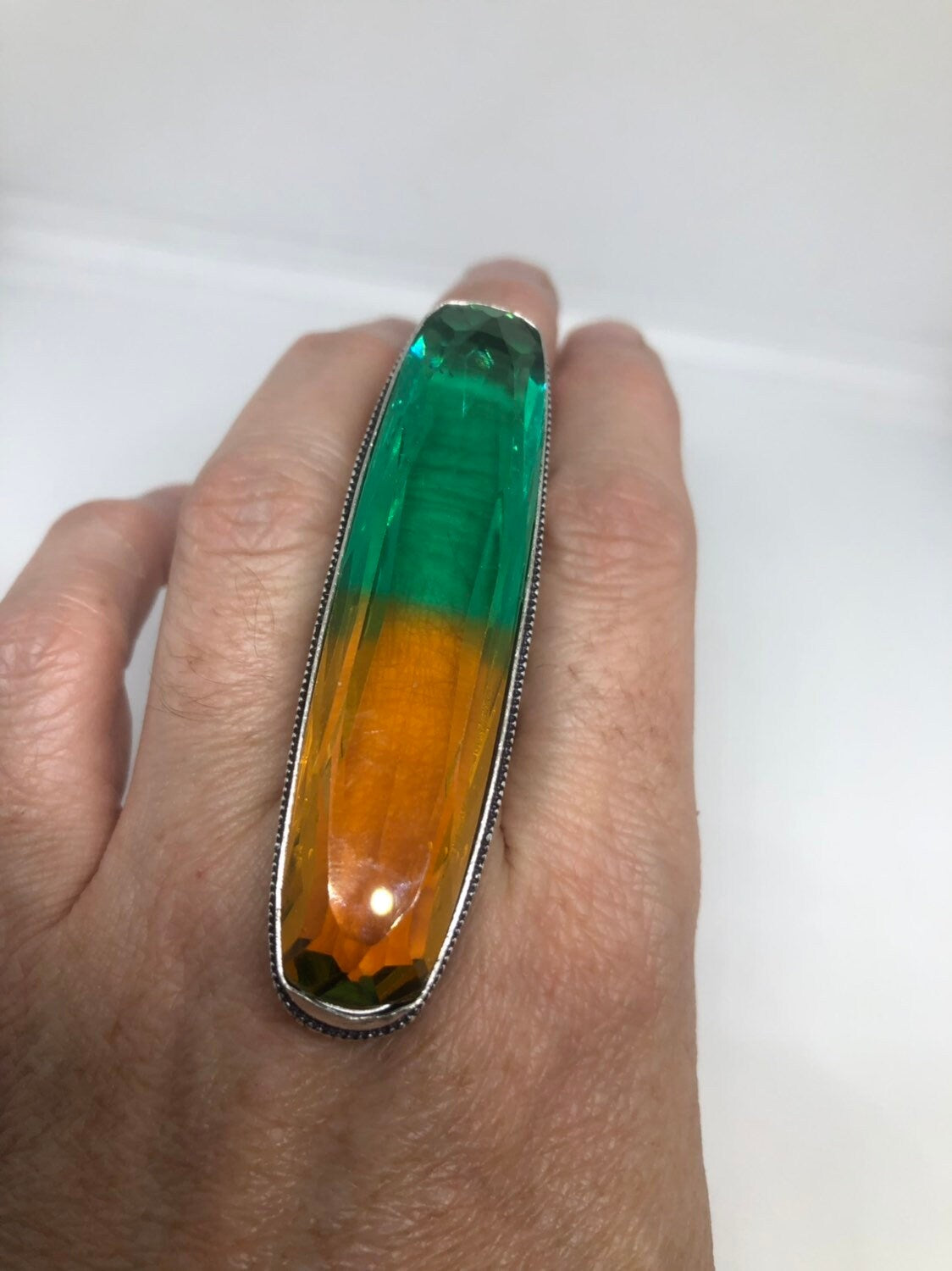 Vintage Green to yellow Vintage Art Glass Ring 2 Long Knuckle Ring