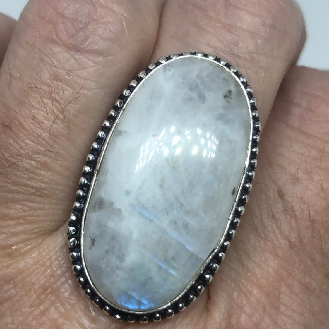 Vintage Blue White Rainbow Moonstone Silver Cocktail Statement Ring