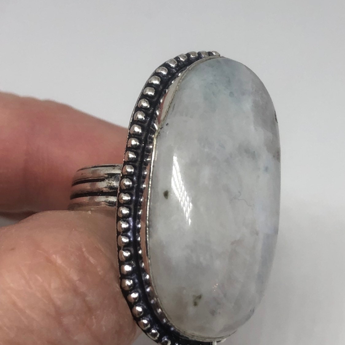 Vintage Blue White Rainbow Moonstone Silver Cocktail Statement Ring