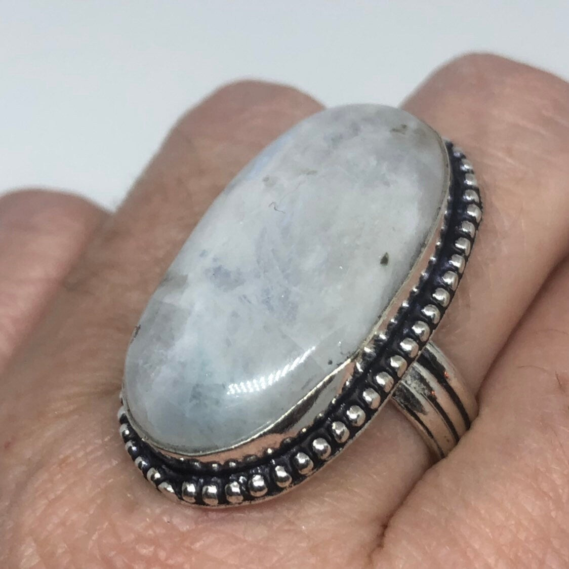 Vintage Blue White Rainbow Moonstone Silver Cocktail Statement Ring