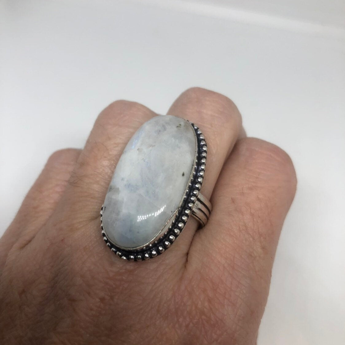 Vintage Blue White Rainbow Moonstone Silver Cocktail Statement Ring
