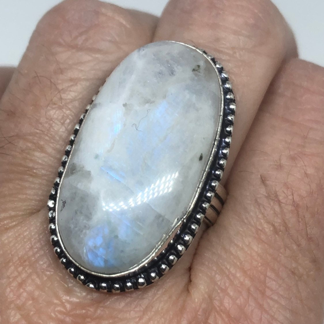 Vintage Blue White Rainbow Moonstone Silver Cocktail Statement Ring