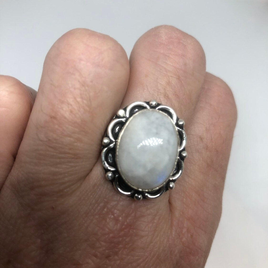 Vintage Large Blue White Rainbow Moonstone Stone Silver Ring