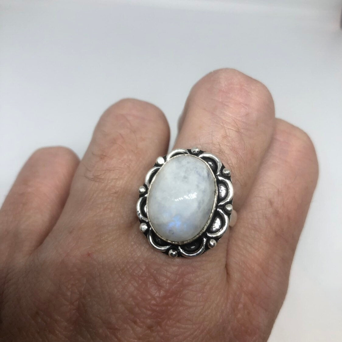 Vintage Large Blue White Rainbow Moonstone Stone Silver Ring