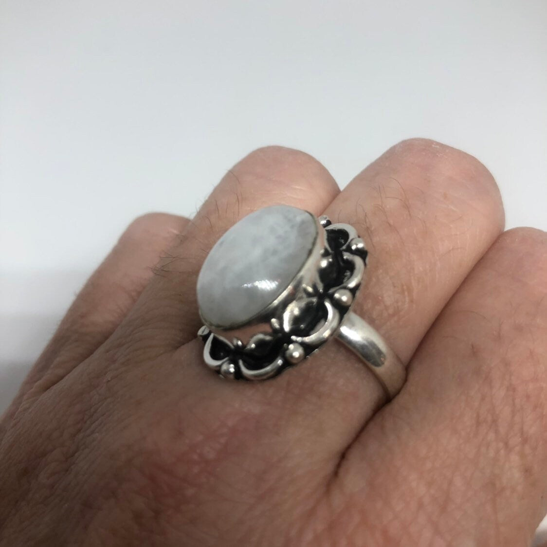 Vintage Large Blue White Rainbow Moonstone Stone Silver Ring