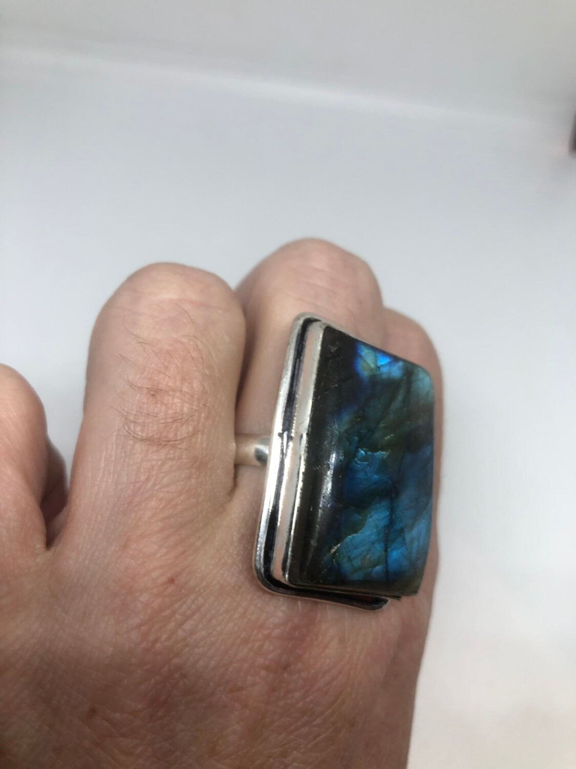 Vintage Large Labradorite Rainbow Moonstone Stone Silver Ring