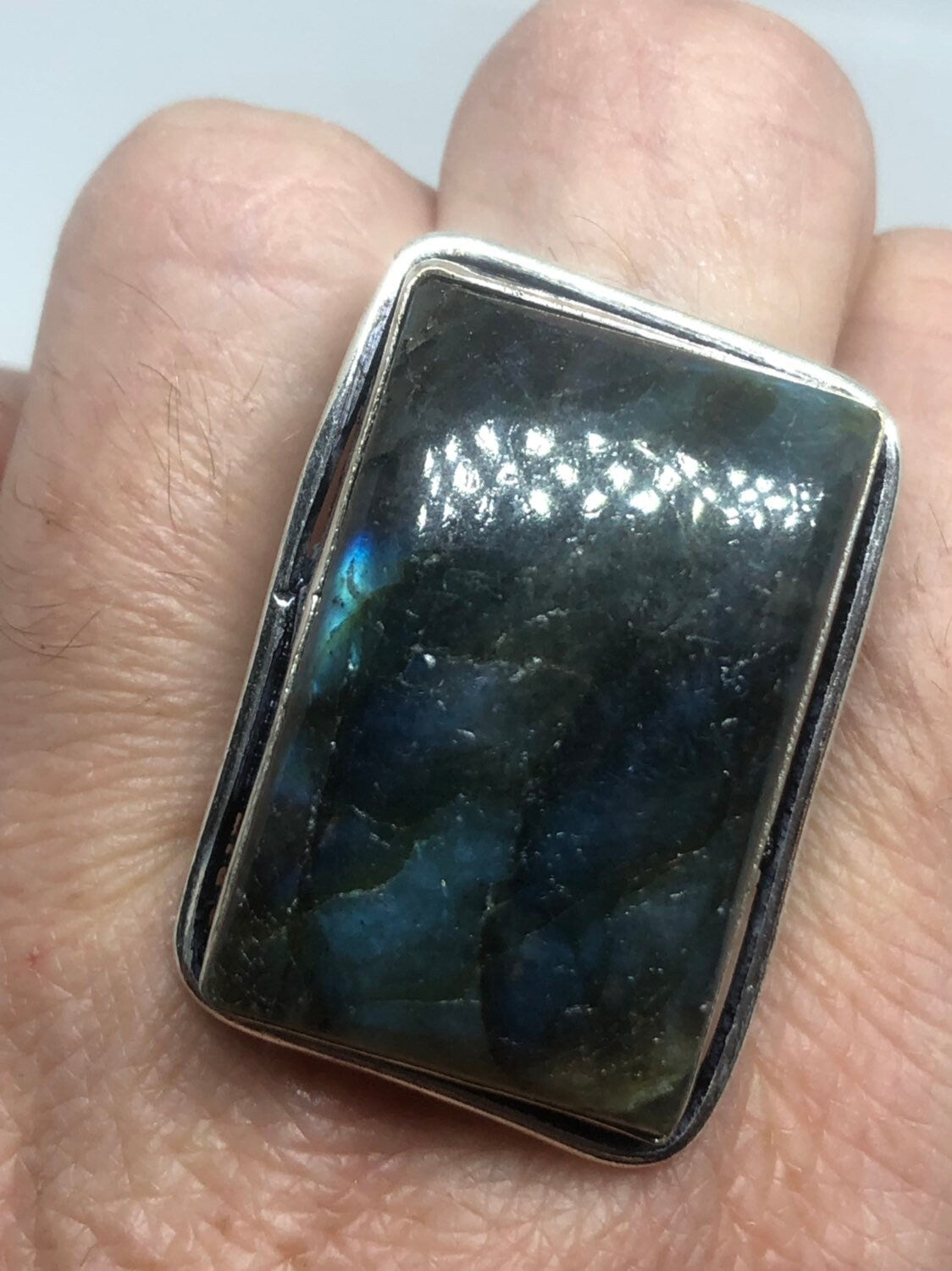 Vintage Large Labradorite Rainbow Moonstone Stone Silver Ring