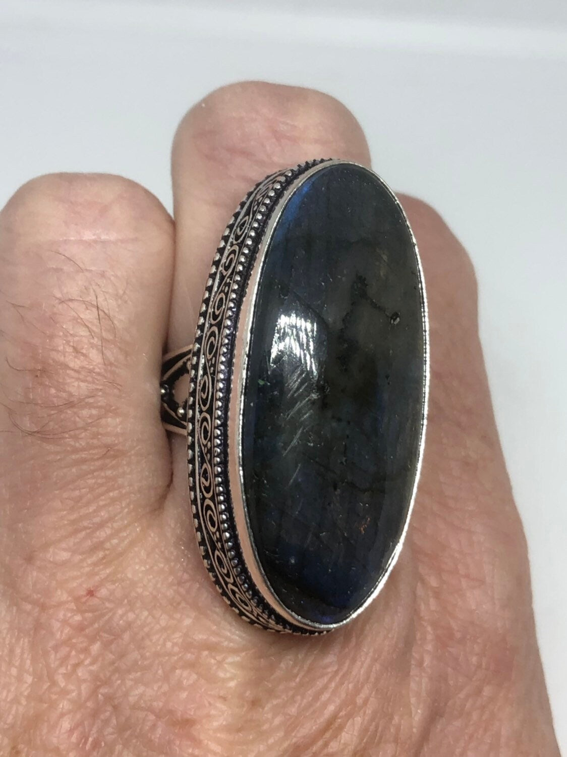 Vintage Labradorite Rainbow Moonstone Stone Silver Statement Ring