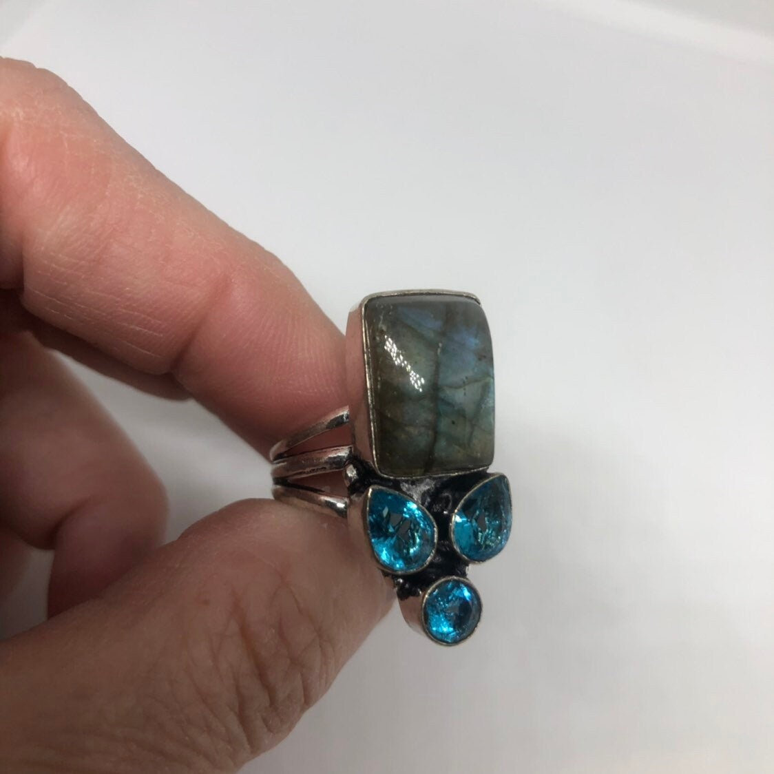 Vintage Large Labradorite Rainbow Moonstone Stone Silver Ring