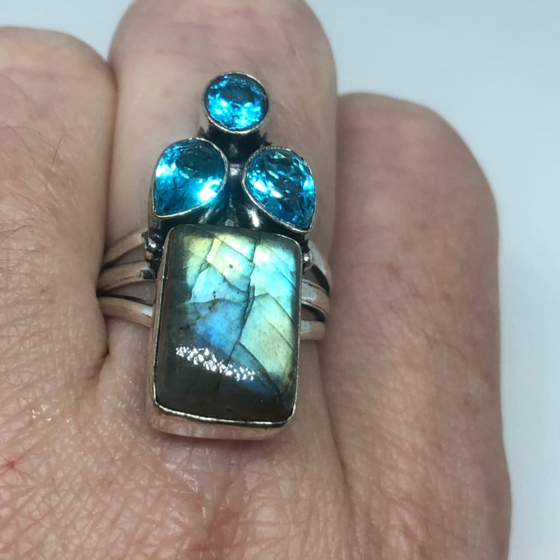 Vintage Large Labradorite Rainbow Moonstone Stone Silver Ring