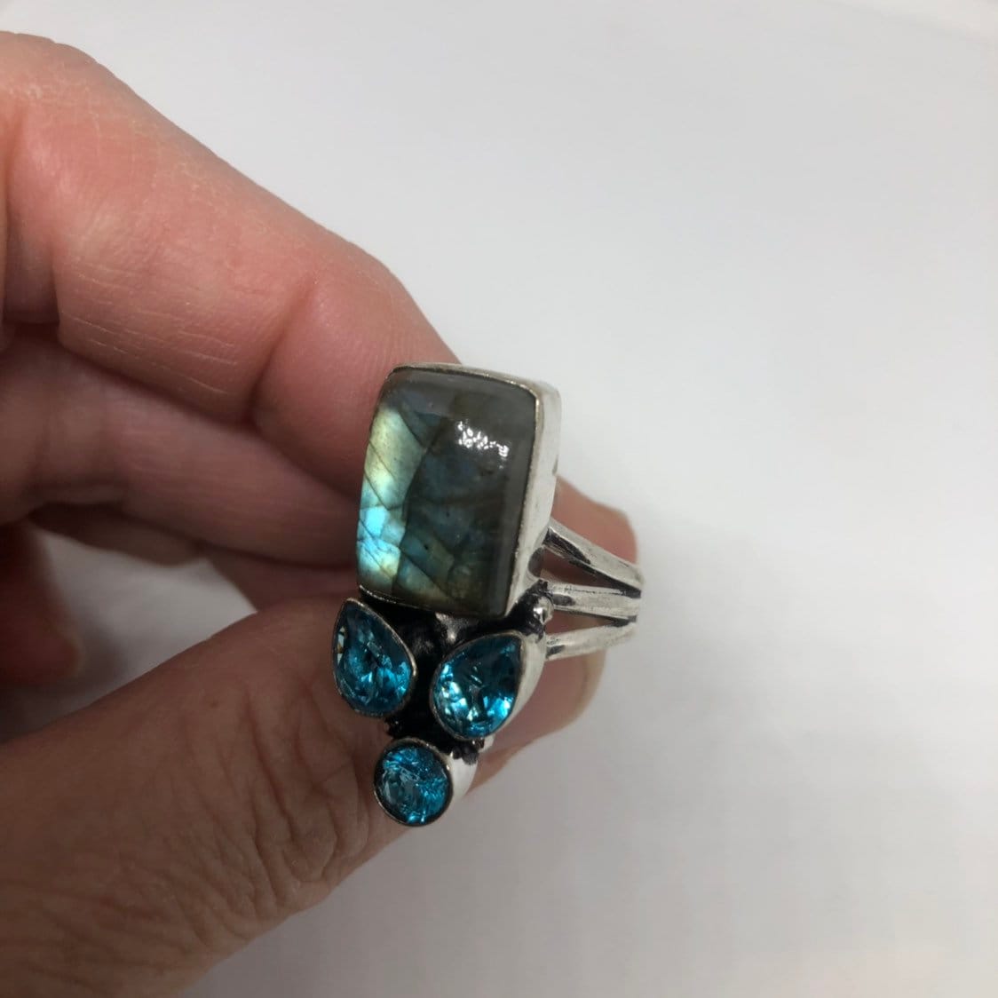 Vintage Large Labradorite Rainbow Moonstone Stone Silver Ring