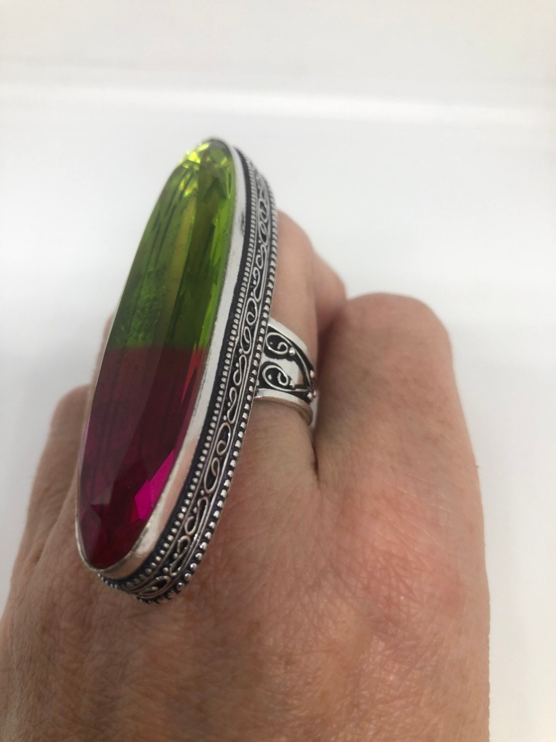 Vintage Pink to Lime Green Vintage Art Glass Ring About 3 Inches Knuckle Ring