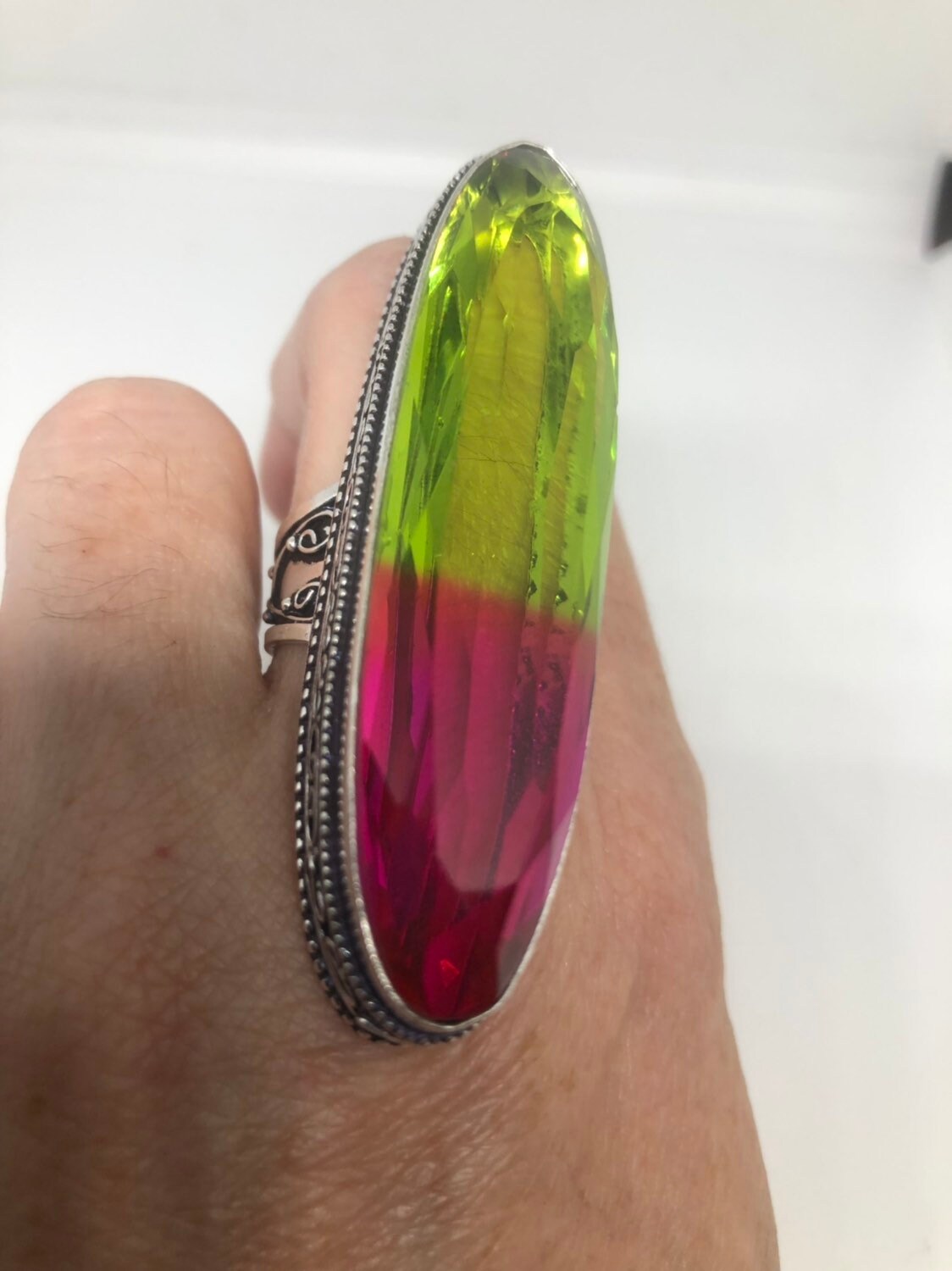 Vintage Pink to Lime Green Vintage Art Glass Ring About 3 Inches Knuckle Ring