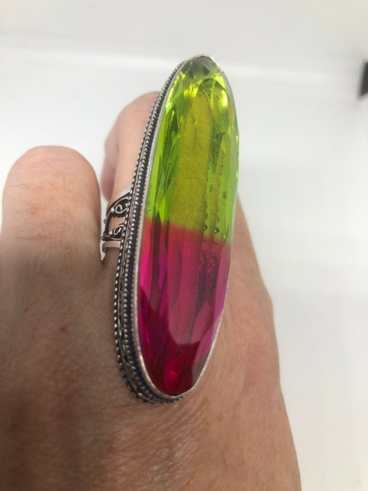 Vintage Pink to Lime Green Vintage Art Glass Ring About 3 Inches Knuckle Ring