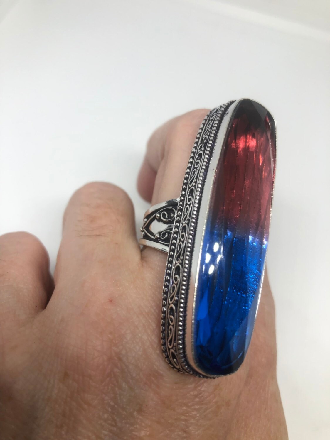 Vintage Red Blue Vintage Art Glass Ring About 3 Inches Knuckle Ring