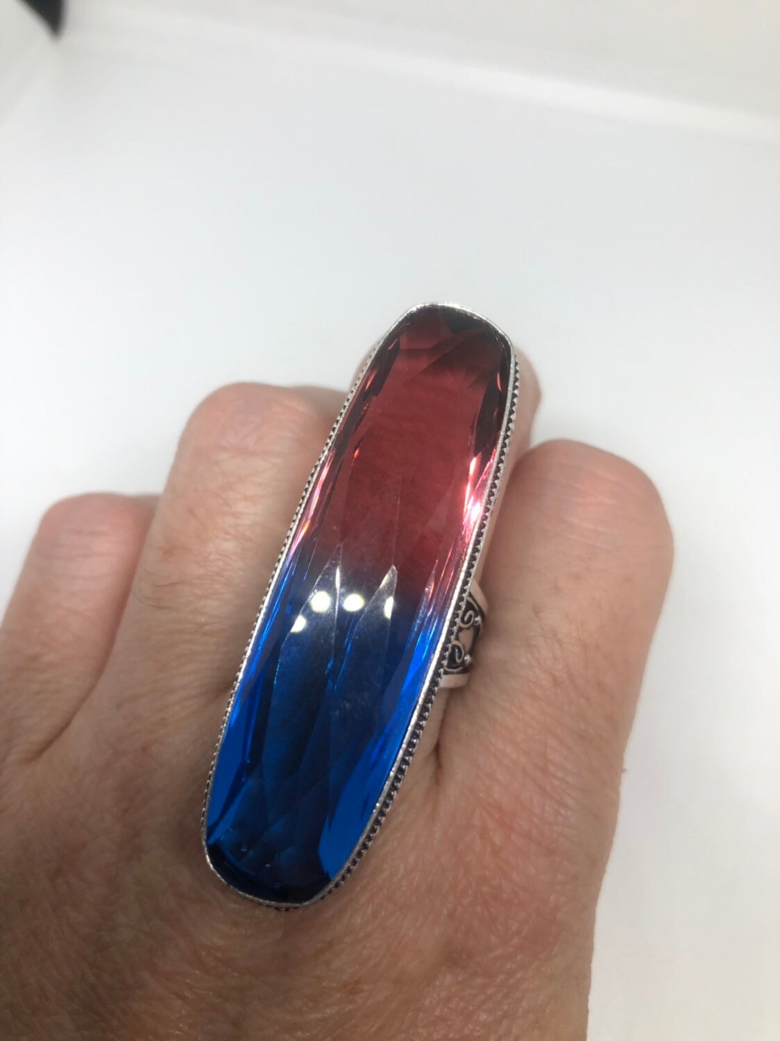 Vintage Red Blue Vintage Art Glass Ring About 3 Inches Knuckle Ring