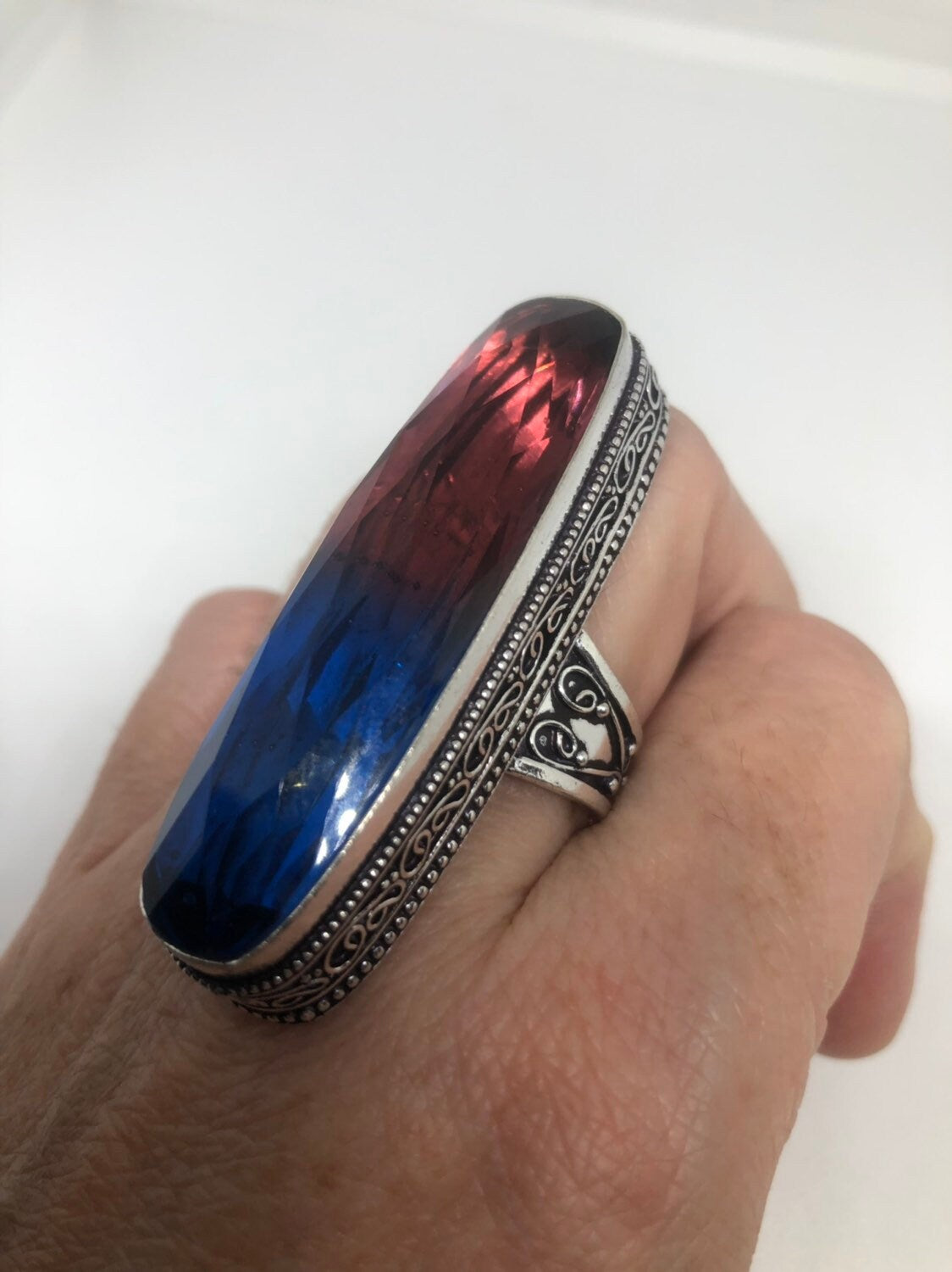 Vintage Red Blue Vintage Art Glass Ring About 3 Inches Knuckle Ring