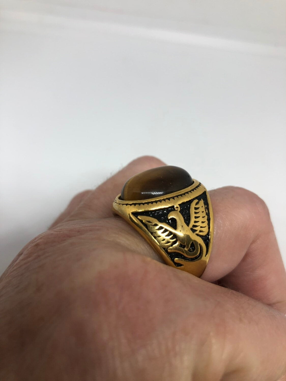 Vintage Gothic Gold Finished Stainless Steel Genuine Tigers Eye Dragon Mens Ring