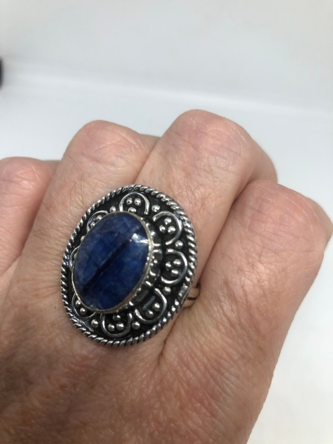 Vintage Handmade Deep Blue Sapphire Setting White Bronze Silver Gothic Ring