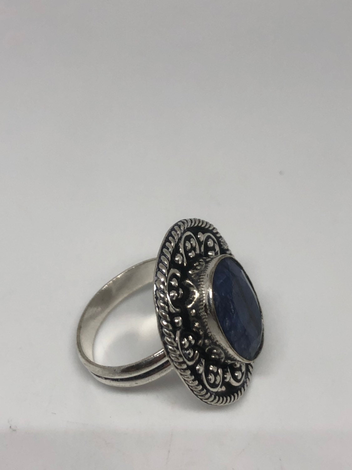 Vintage Handmade Deep Blue Sapphire Setting White Bronze Silver Gothic Ring