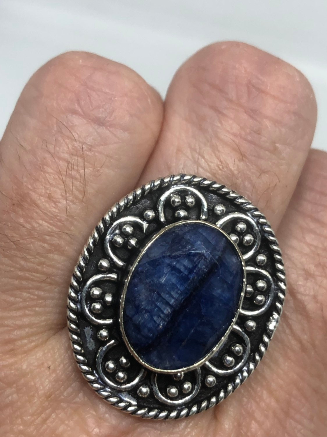 Vintage Handmade Deep Blue Sapphire Setting White Bronze Silver Gothic Ring