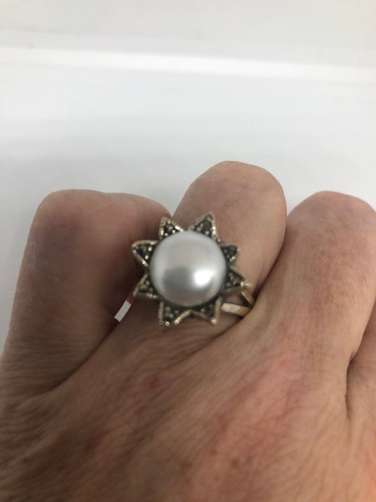 Vintage Genuine Pearl Marcasite 925 Sterling Silver Ring