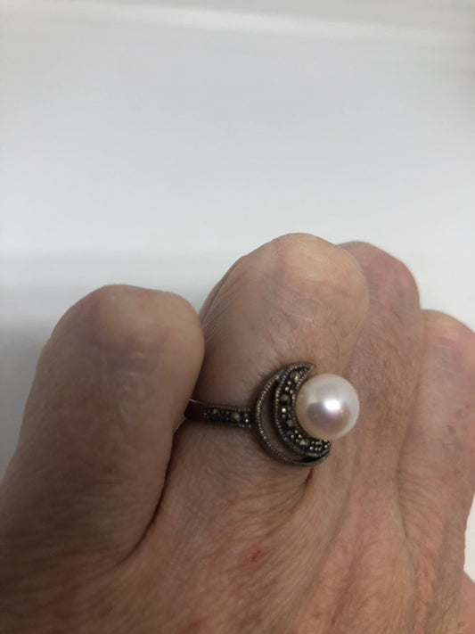 Vintage Genuine Pearl Marcasite 925 Sterling Silver Ring