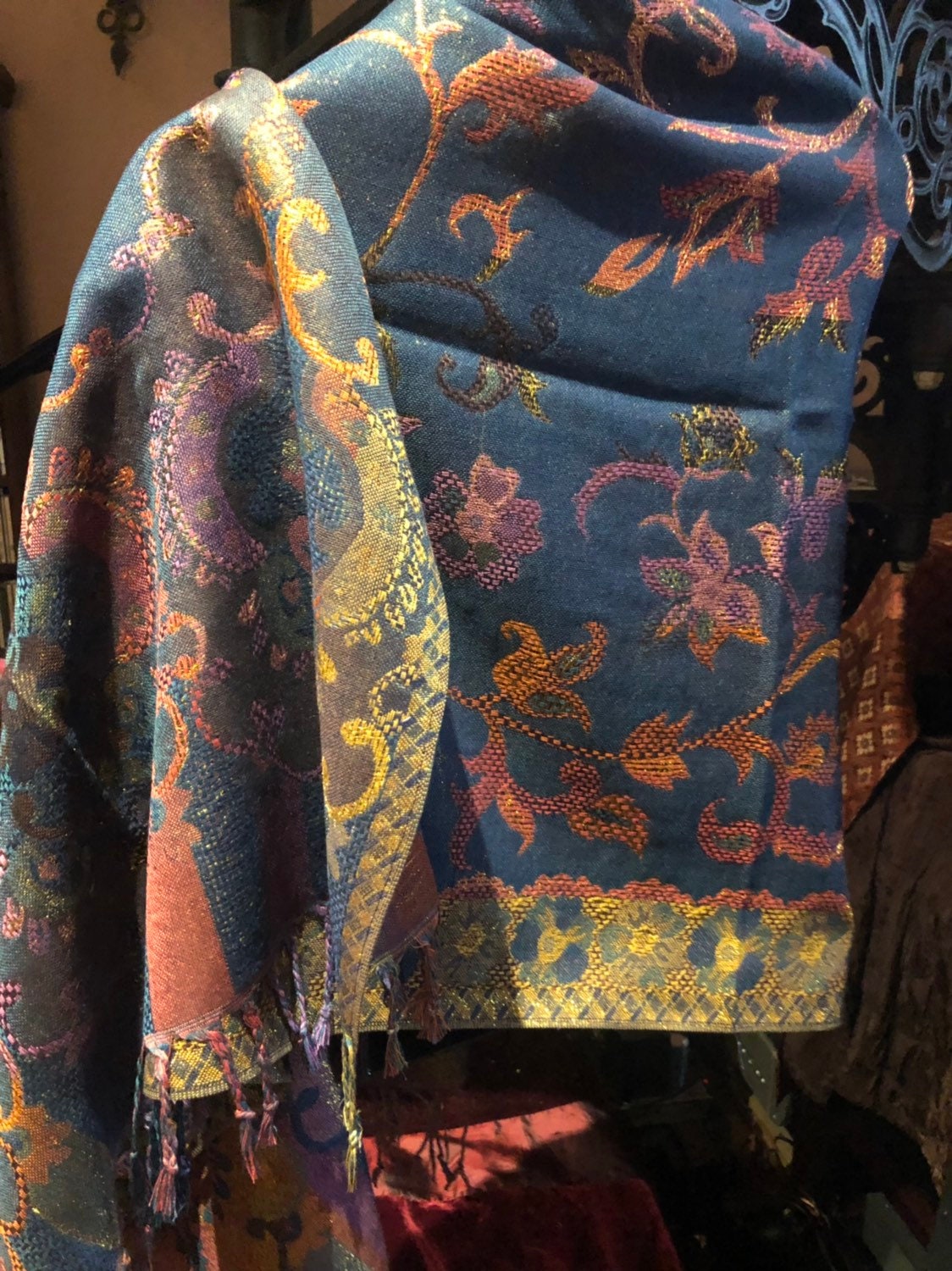 Golden Vintage Blue Green Gold Metallic Paisley Brocade Pashmina Scarf Wrap