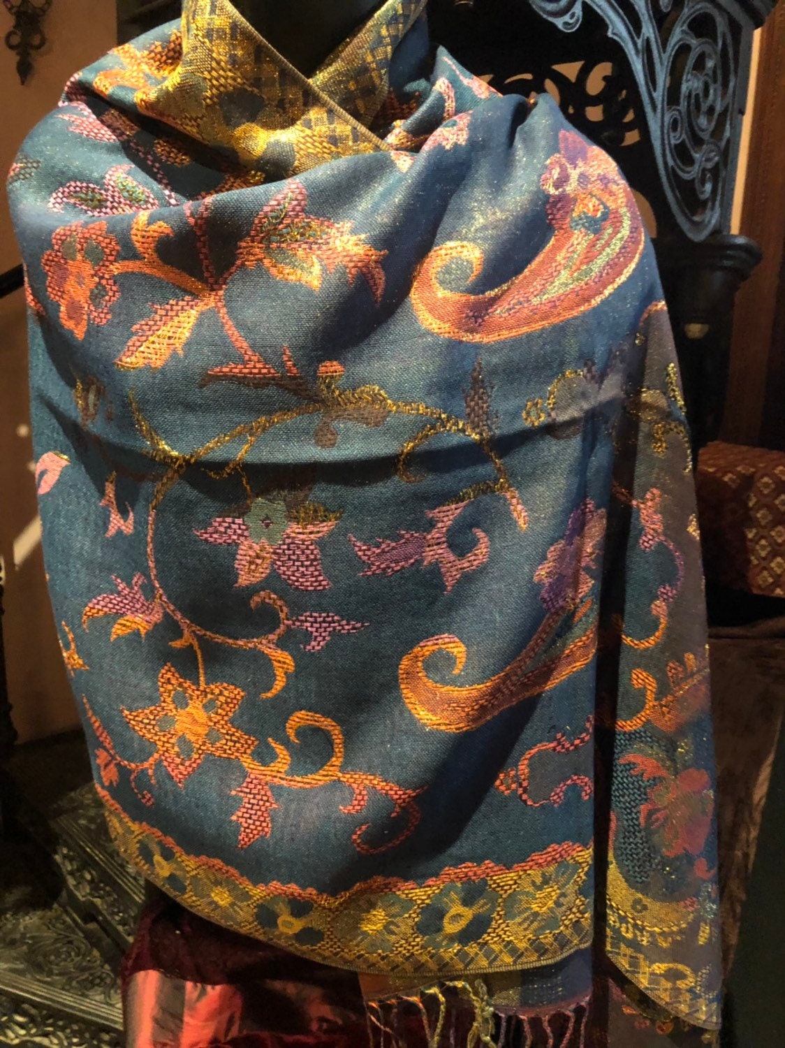 Golden Vintage Blue Green Gold Metallic Paisley Brocade Pashmina Scarf Wrap